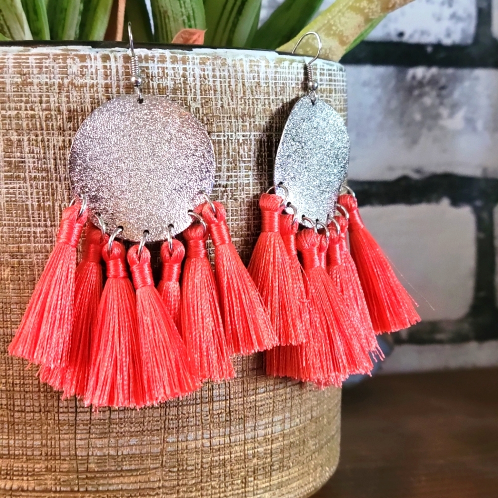 OVERSIZED Salmon Pink and Glitzy Silver Dangle Earrings!